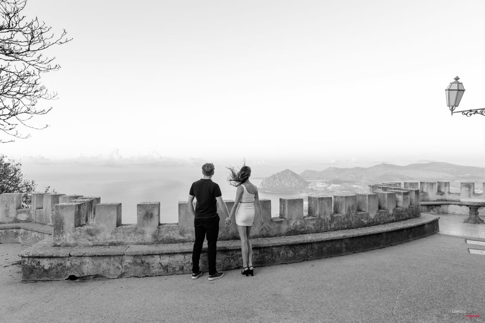Black and white photograph of engaged couples in Erice