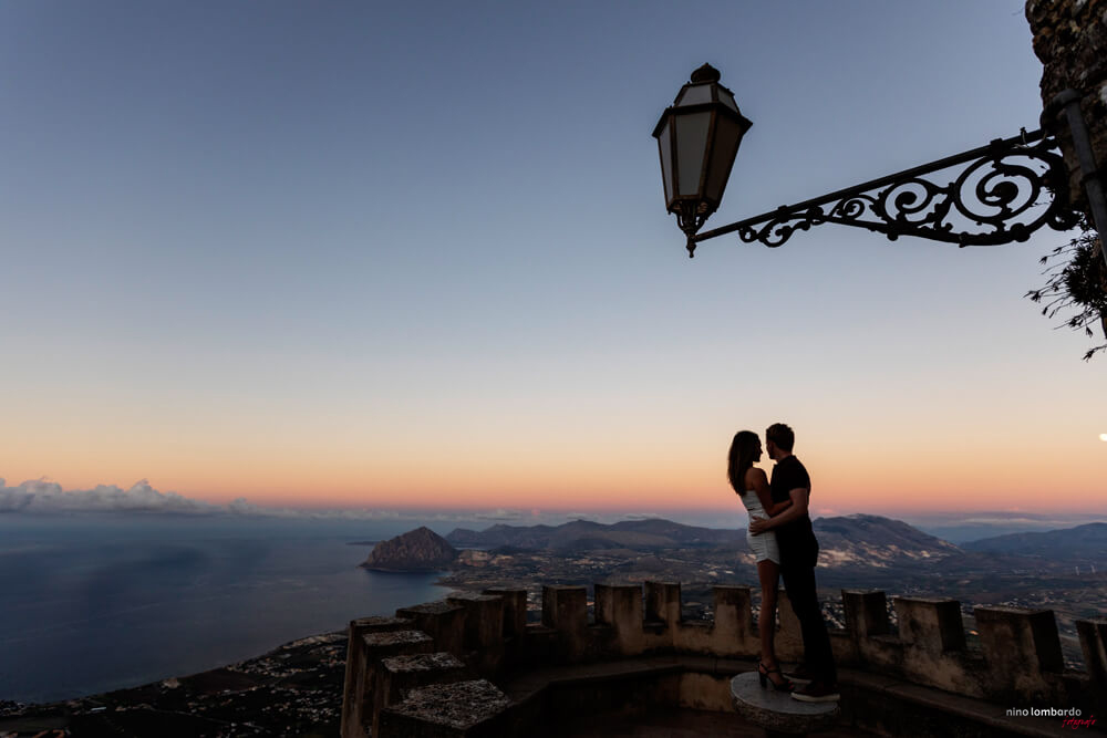 Marriage proposal photo on Mount Erice Engagement photo shoot at the Castle of Venus in Erice