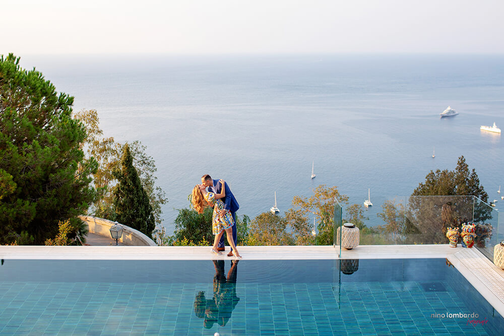 Sicily photo shoot of engaged couples in the pool at the Four Seasons in Taormina photo by Nino Lombardo